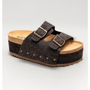 Hey Girl By Corkys Wannabe Black Denim Platform Sandals Double Buckle Strap 7